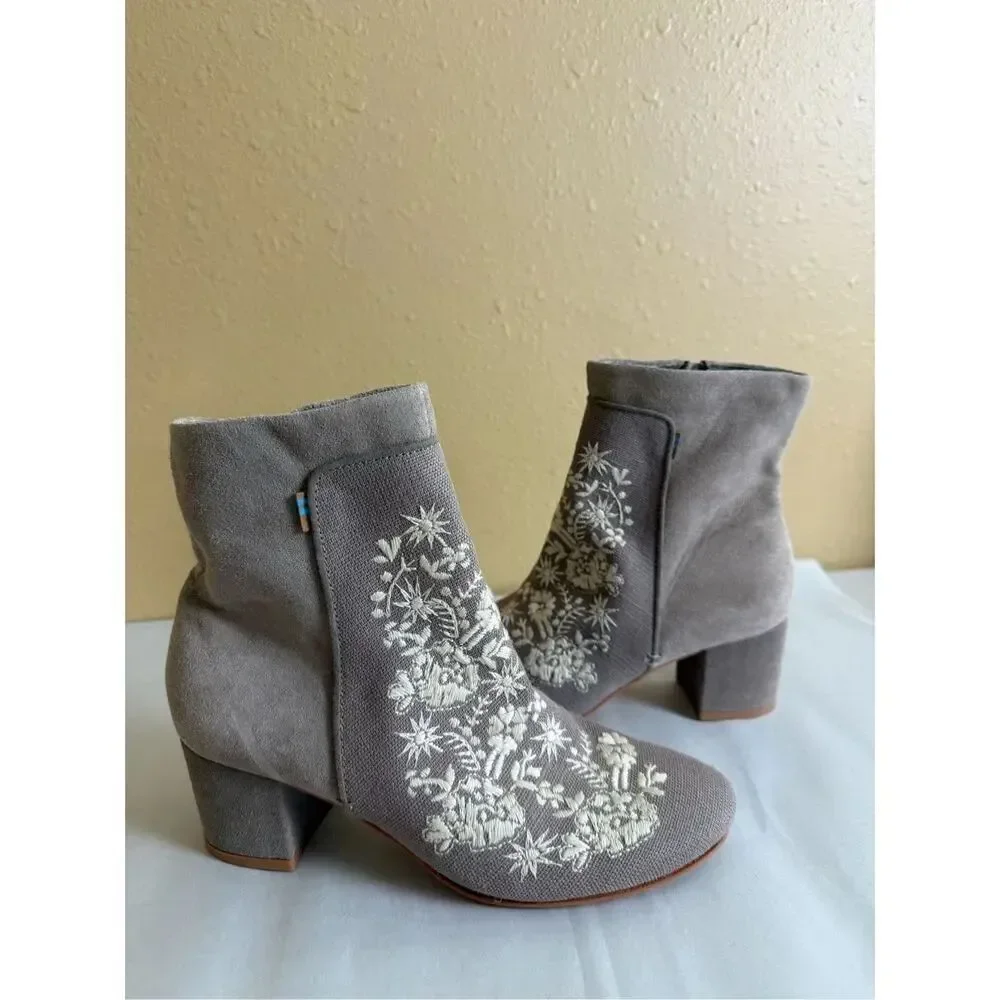TOMS Evie Embroidered Heritage Canvas and Suede Booties SZ W8